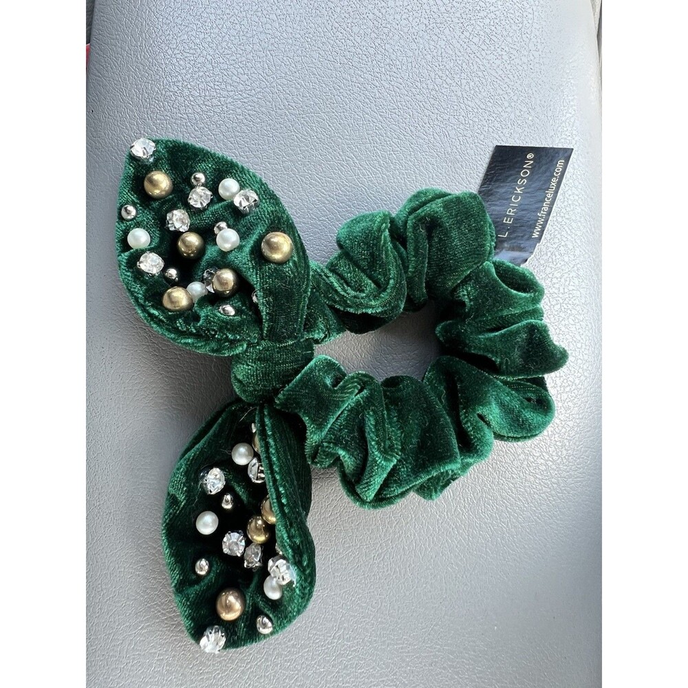 L. Erickson Green Velvet Bow Scrunchie Rhinestone Pearl Hair Tie NWT
